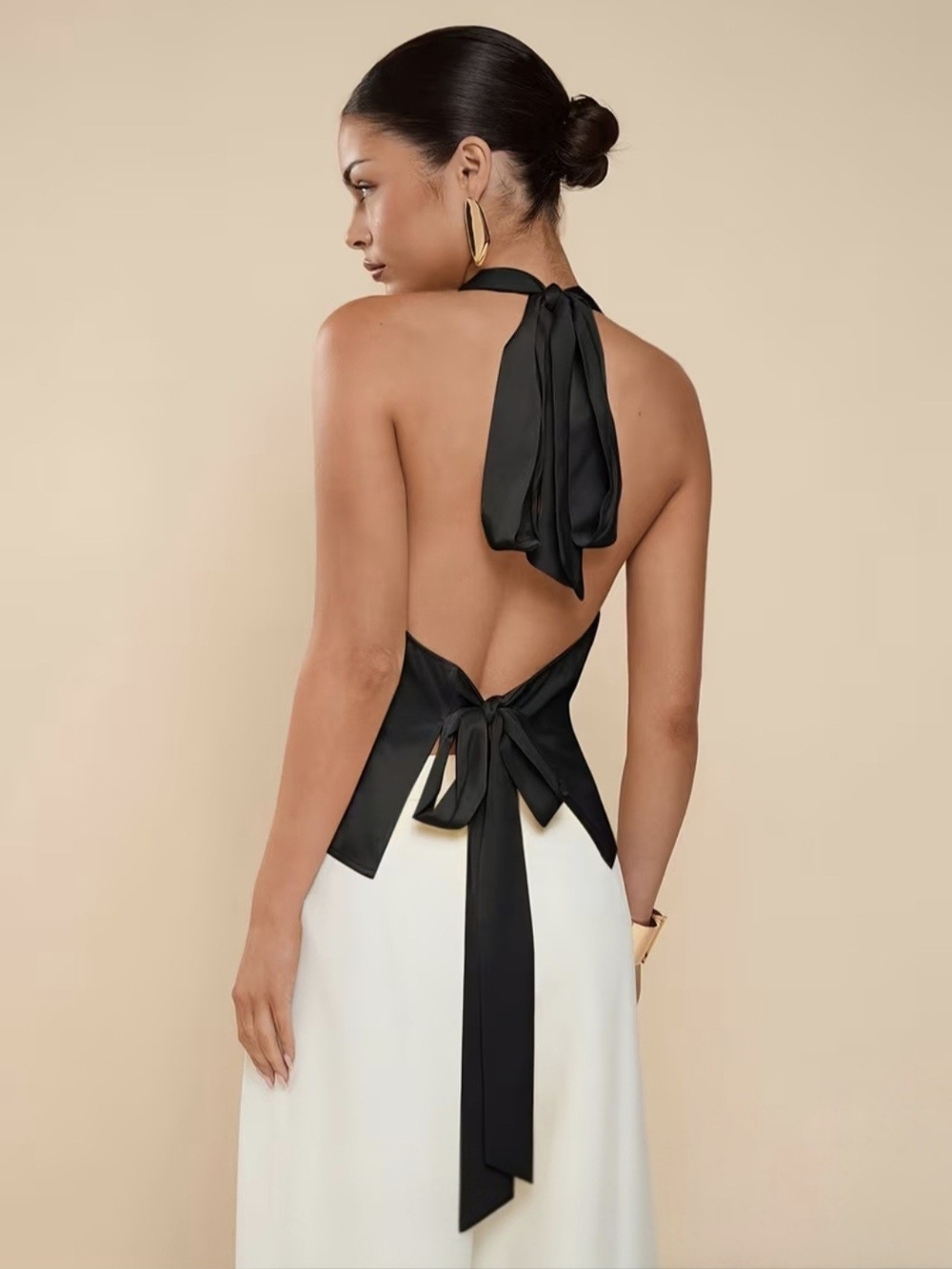 Open-Back Halter Cowl Neck Top